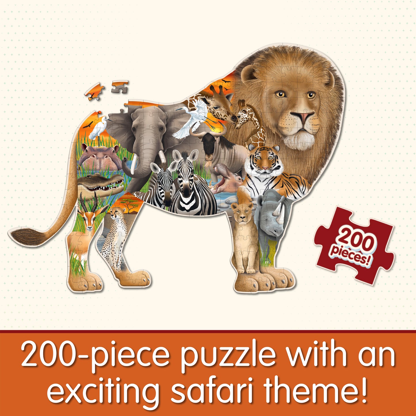 Infographic about Wildlife World Safari Puzzle that says, "200-piece puzzle with an exciting safari theme!"