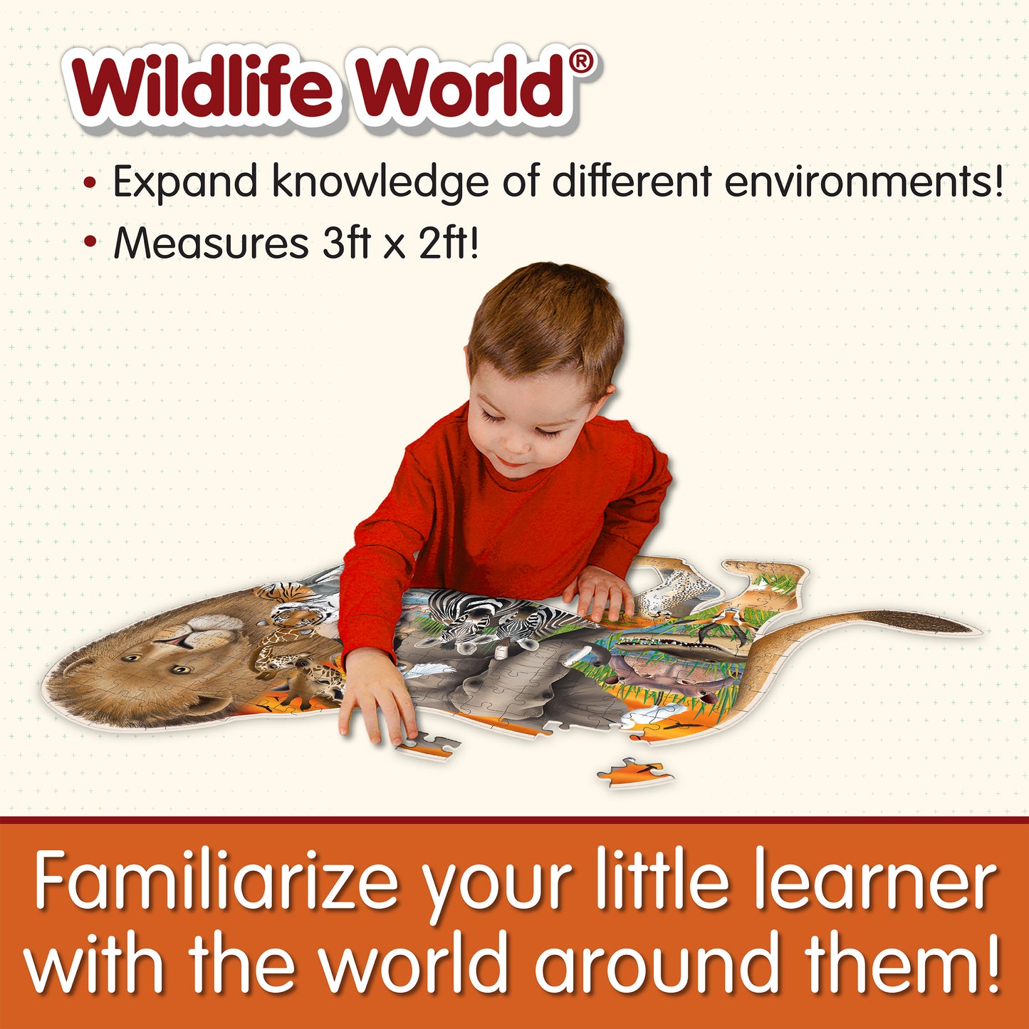 Infographic about Wildlife World Safari Puzzle that says, "Familiarize your little learner with the world around them!"