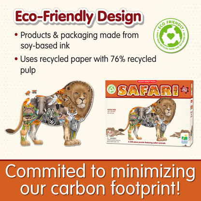 Infographic about Wildlife World Safari Puzzle's eco-friendly design that says, "Committed to minimizing our carbon footprint!"