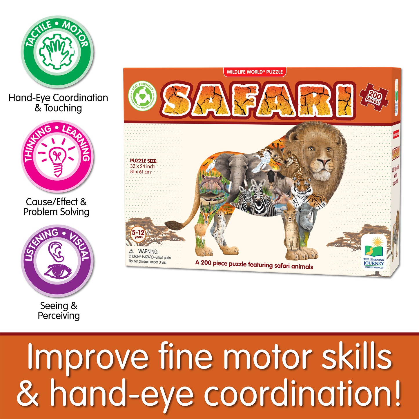 Infographic about Wildlife World Safari Puzzle's educational benefits that says, "Improve fine motor skills and hand-eye coordination!"