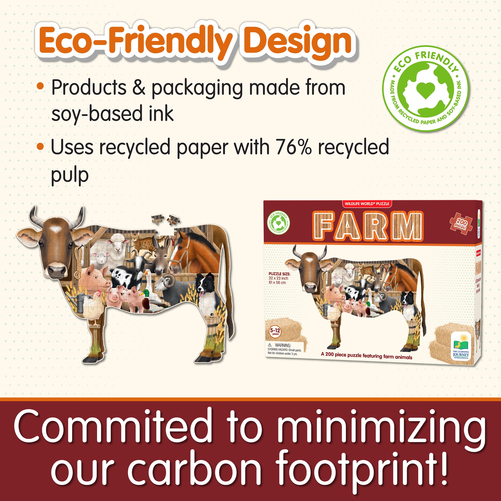 Infographic about Wildlife World Farm Puzzle's eco-friendly design that says, "Committed to minimizing our carbon footprint!"