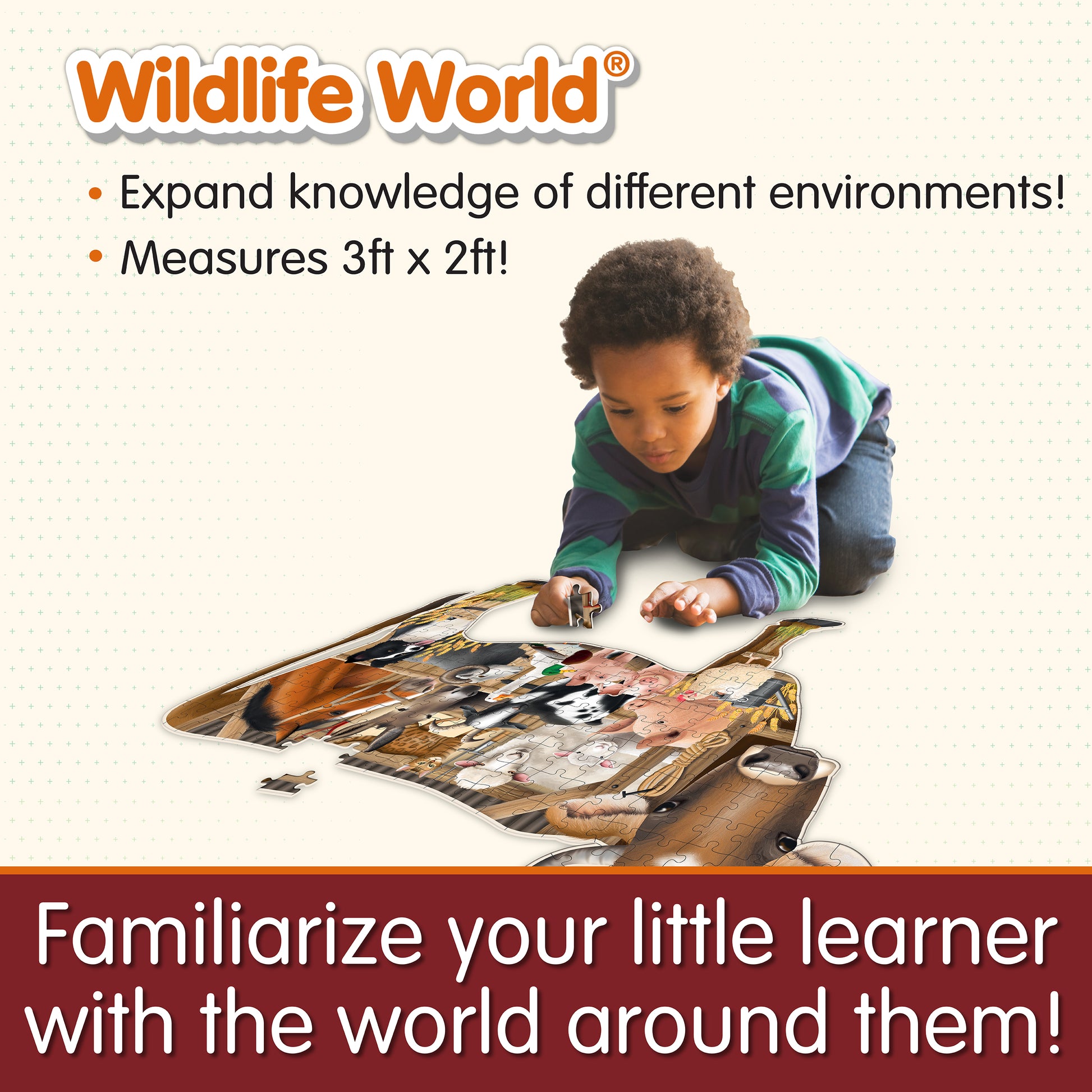 Infographic about Wildlife World Farm Puzzle that says, "Familiarize your little learner with the world around them!"