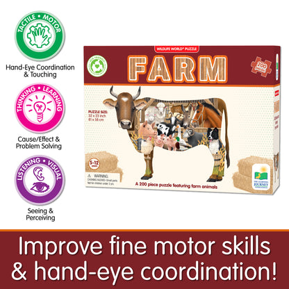 Infographic about Wildlife World Farm Puzzle's educational benefits that says, "Improve fine motor skills and hand-eye coordination!"
