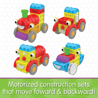 Infographic about Around Town Construction Set that says, "Motorized construction sets that move forward and backwards!"