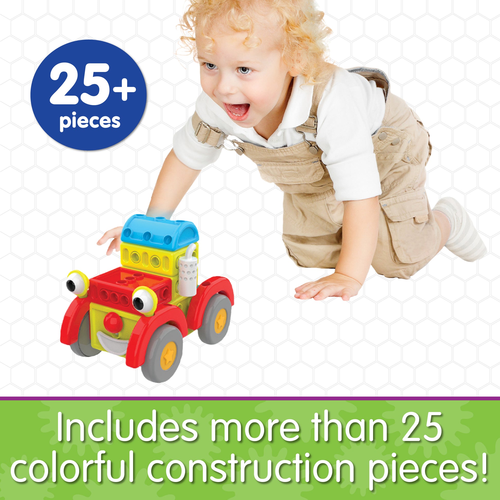 Infographic about Around Town Construction Set that says, "Includes more than 25 colorful construction pieces!"
