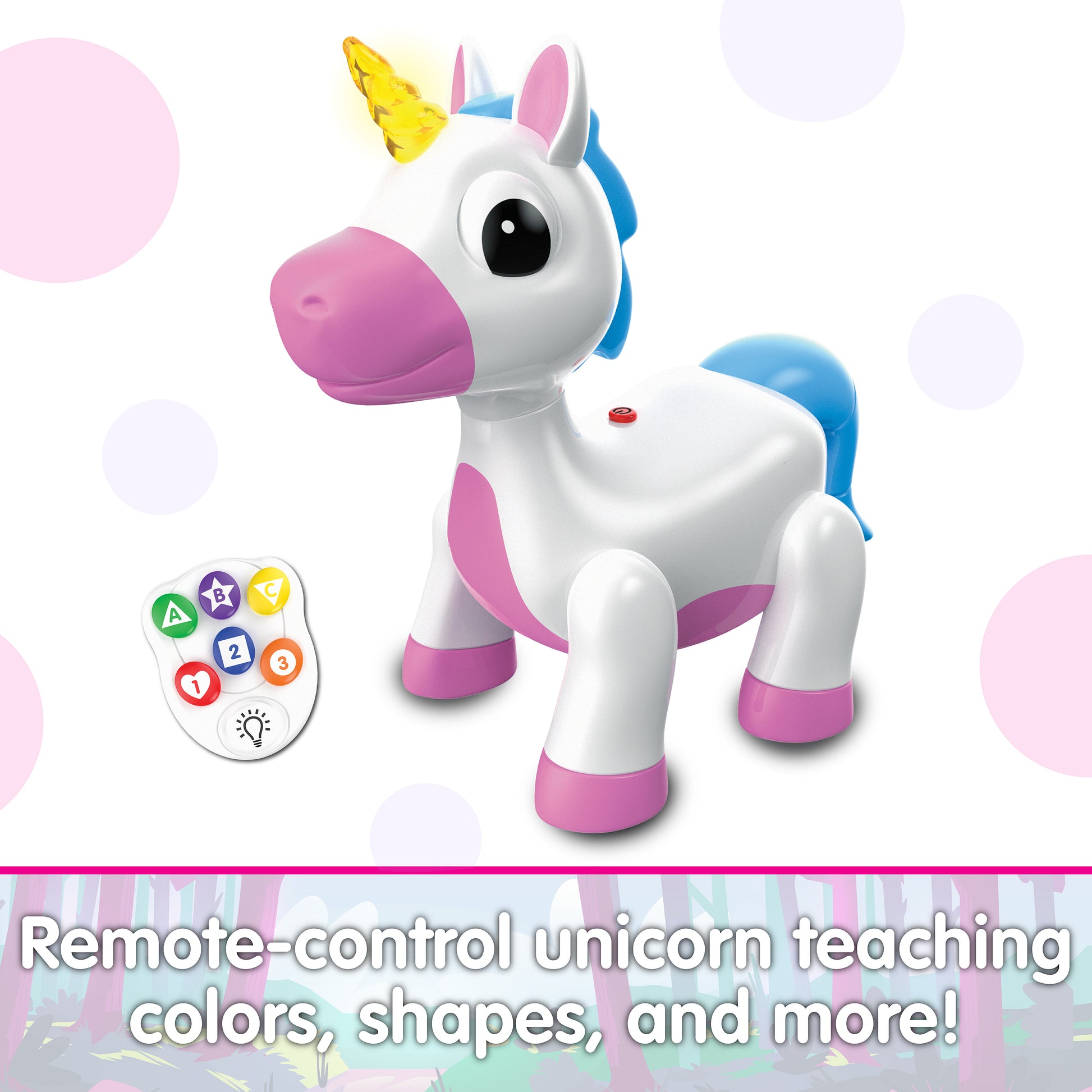Infographic about Dancing Unicorn that says, "Remote-control unicorn teaching colors, shapes, and more!"