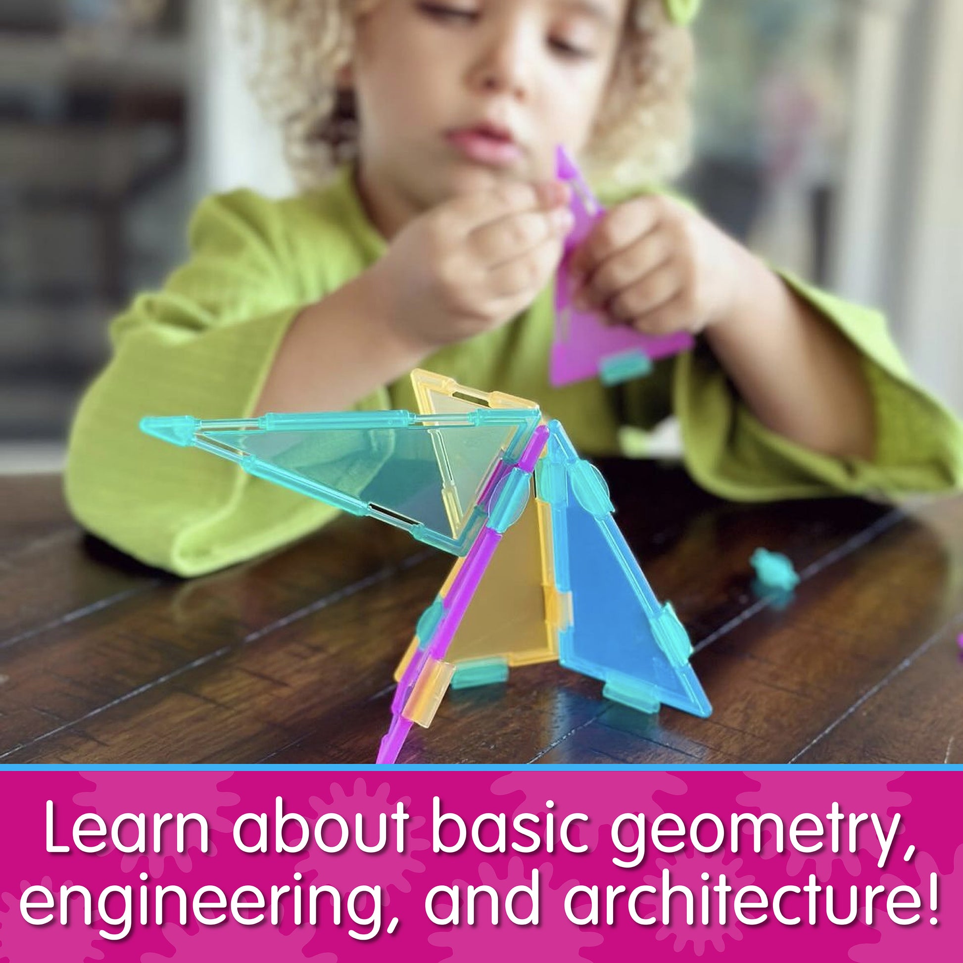 Infographic about Techno Tiles Super Set that says, "Learn about basic geometry, engineering, and architecture!"