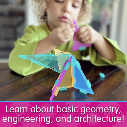 Infographic with little girl playing with Techno Tiles that says, "Learn about basic geometry, engineering, and architecture!"