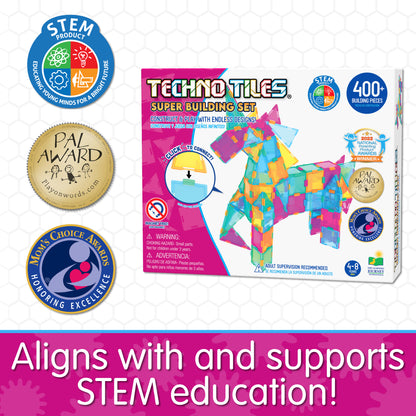 Infographic about Techno Tiles Super Set's awards and educational benefits