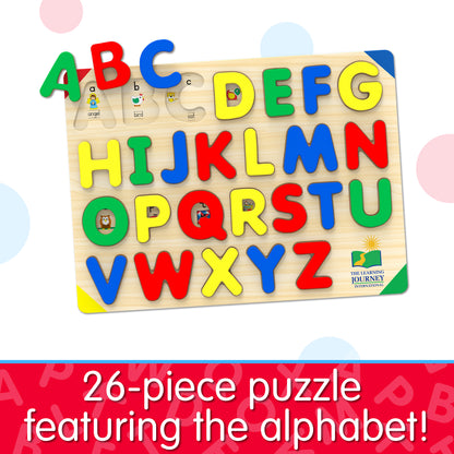 Infographic of Lift and Learn ABC Puzzle that reads, "26-piece puzzle featuring the alphabet!"