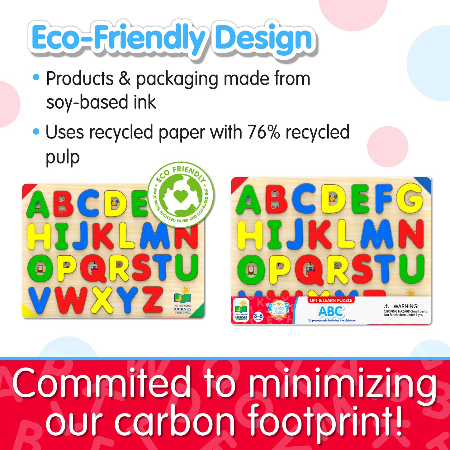 Infographic of Lift and Learn ABC Puzzle's eco-friendly design that reads, "Committed to minimizing our carbon footprint!"