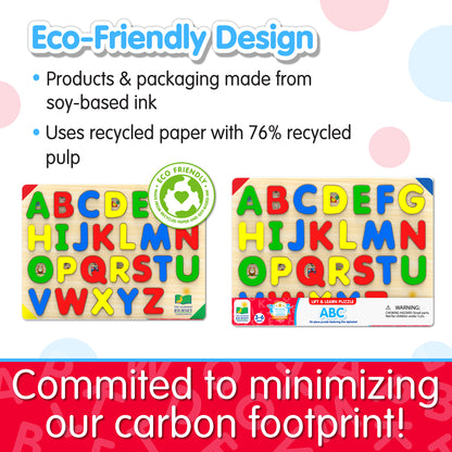 Infographic of Lift and Learn ABC Puzzle's eco-friendly design that reads, "Committed to minimizing our carbon footprint!"