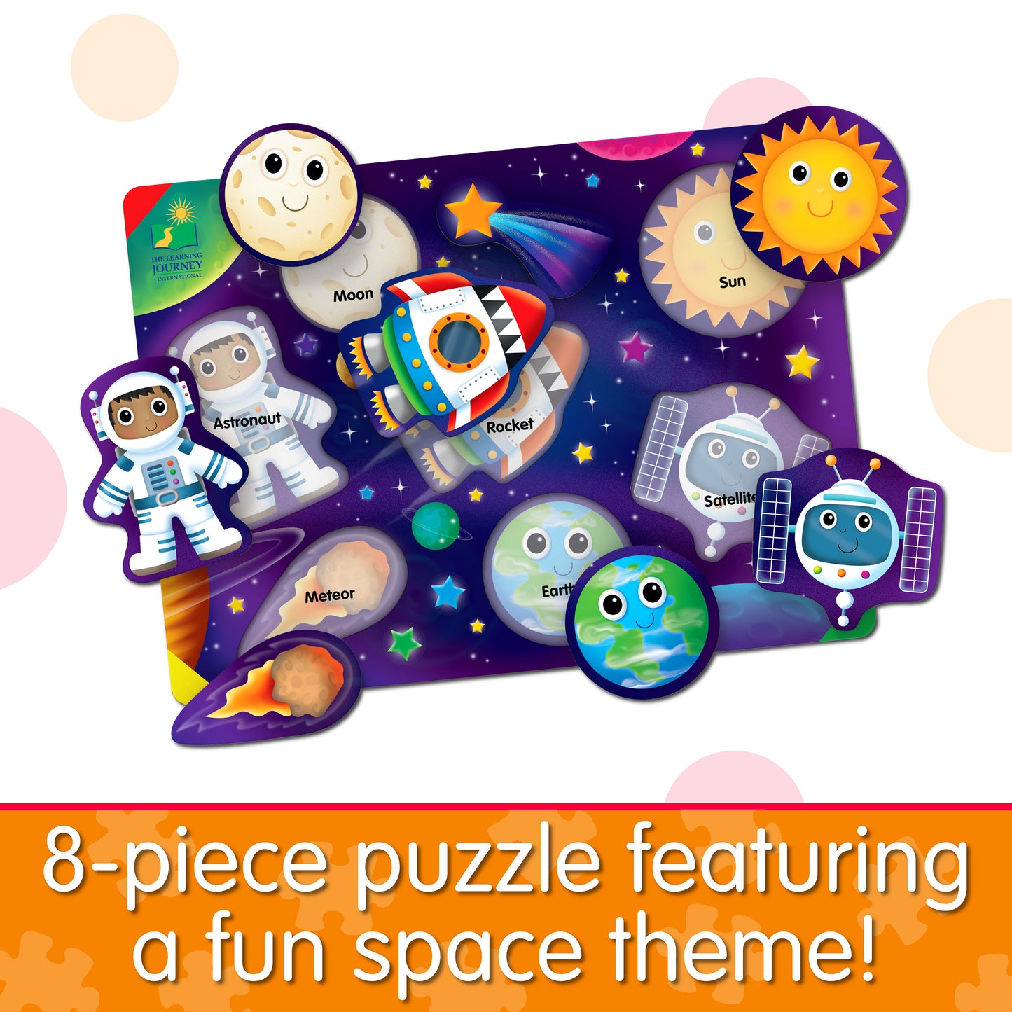 Infographic about My First Lift and Learn Space Puzzle that says, "8-piece puzzle featuring a fun space theme!"