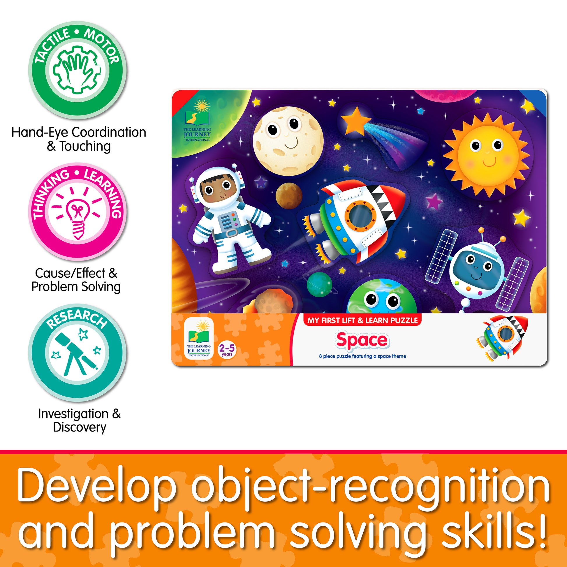 Infographic about My First Lift and Learn Space Puzzle's educational benefits that says, "Develop object-recognition and problem solving skills!"