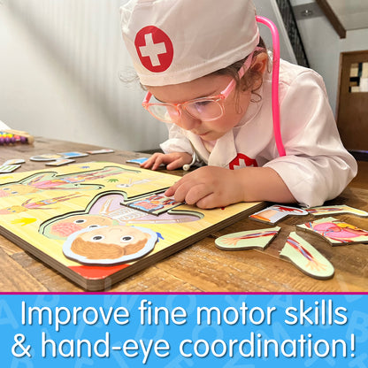 Infographic of young girl playing with Lift and Learn Inside of Me Puzzle that reads, "Improve fine motor skills and hand-eye coordination!"