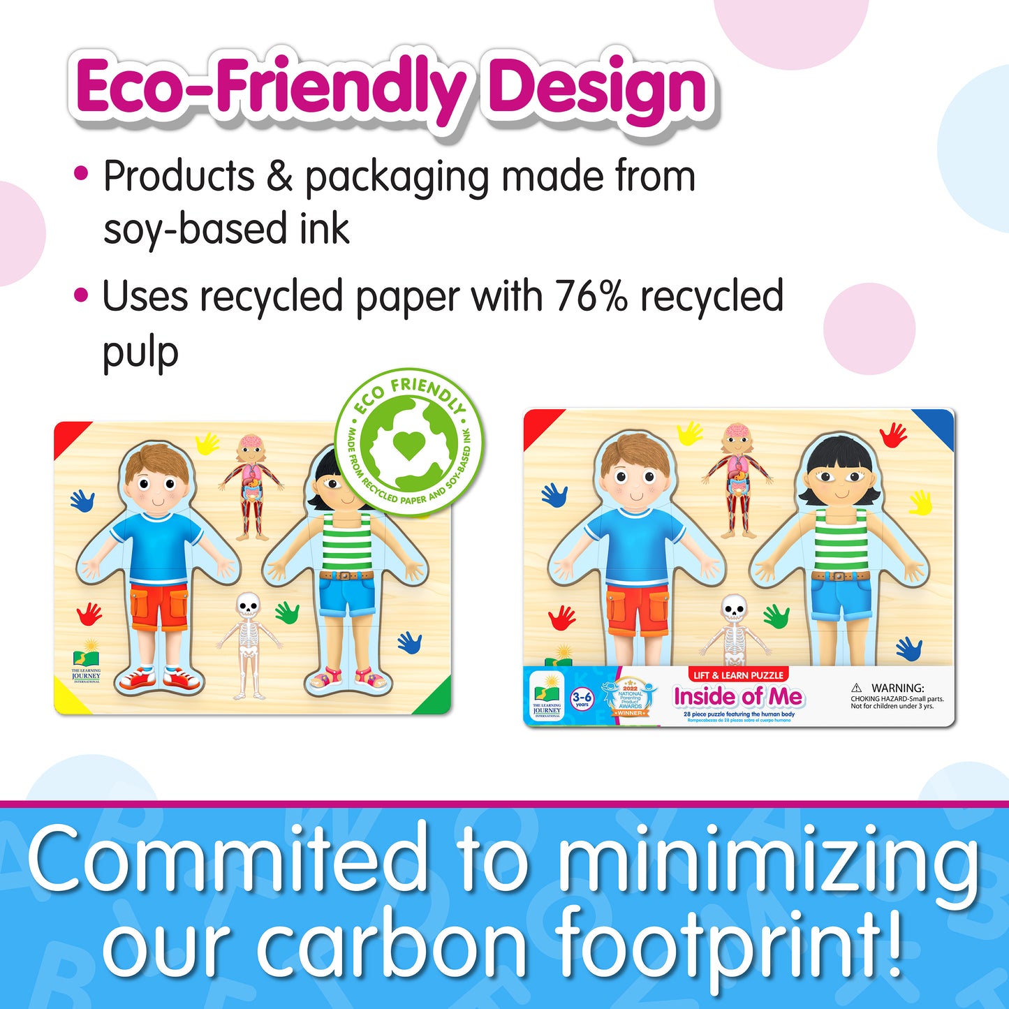 Infographic of Lift and Learn Inside of Me Puzzle's eco-friendly design that reads, "Committed to minimizing our carbon footprint!"