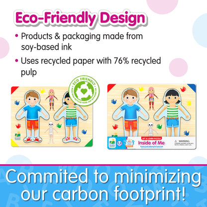 Infographic of Lift and Learn Inside of Me Puzzle's eco-friendly design that reads, "Committed to minimizing our carbon footprint!"