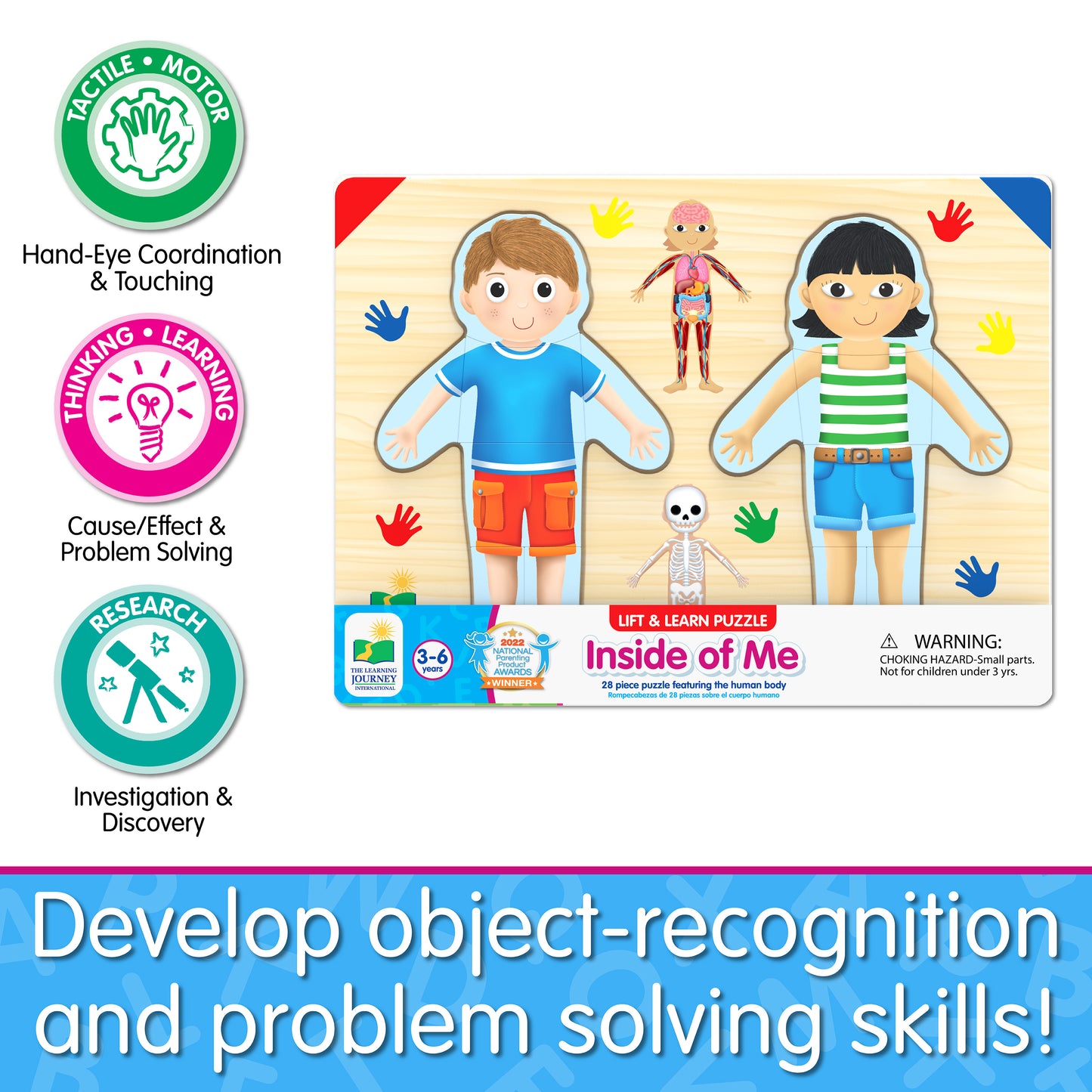 Infographic of Lift and Learn Inside of Me Puzzle's educational benefits that reads, "Develop object-recognition and problem solving skills!"
