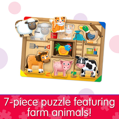 Infographic about My First Lift and Learn On the Farm Puzzle that says, "7-piece puzzle featuring farm animals!"
