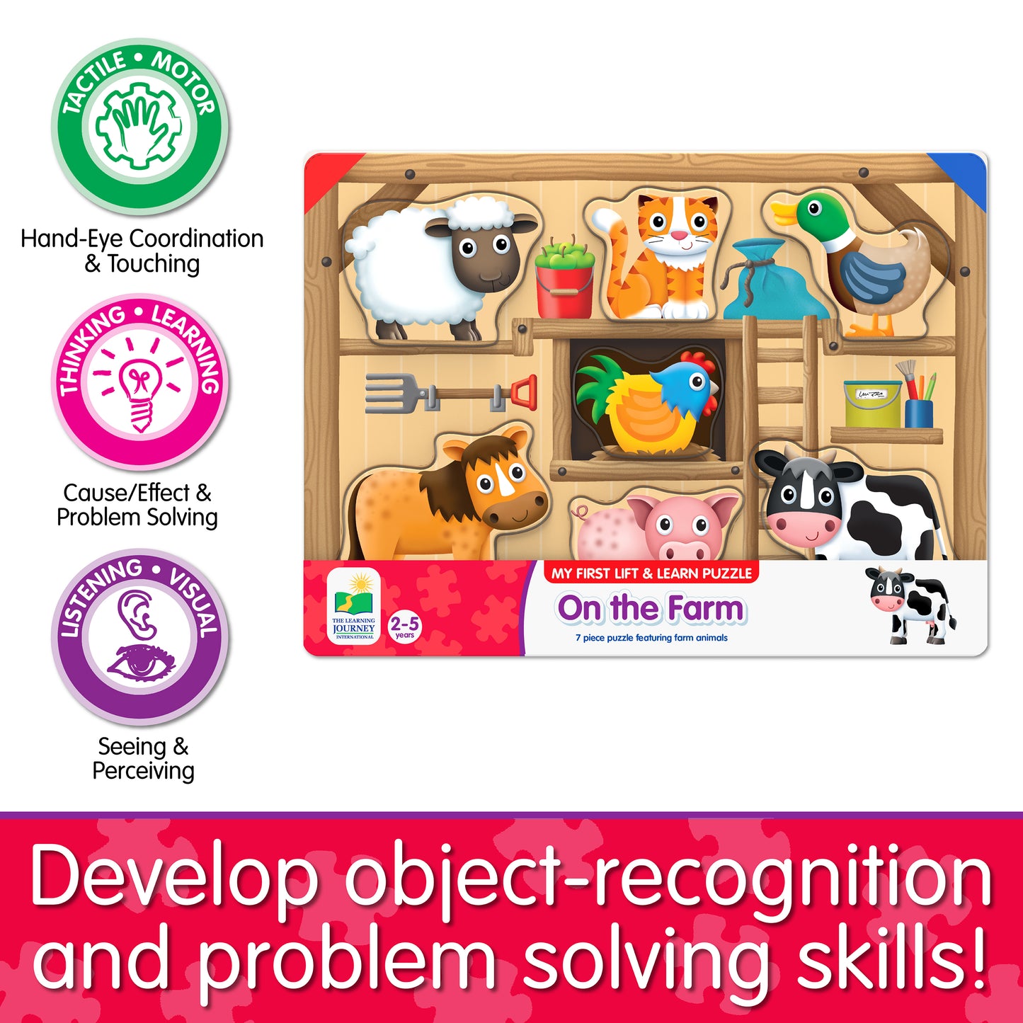 Infographic about My First Lift and Learn On the Farm Puzzle's educational benefits that says, "Develop object-recognition and problem solving skills!"