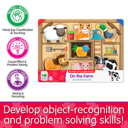 Infographic about My First Lift and Learn On the Farm Puzzle's educational benefits that says, "Develop object-recognition and problem solving skills!"