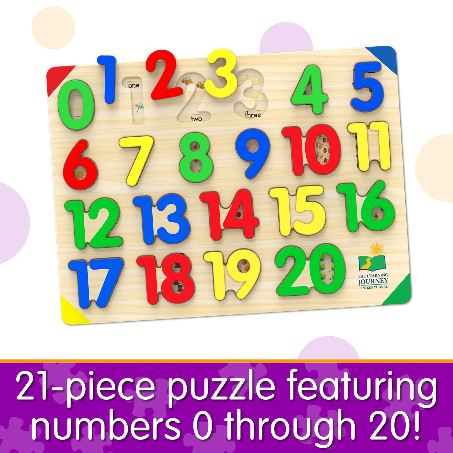 Infographic of Lift and Learn 123 Puzzle that reads, "21-piece puzzle featuring numbers 0 through 20!" 