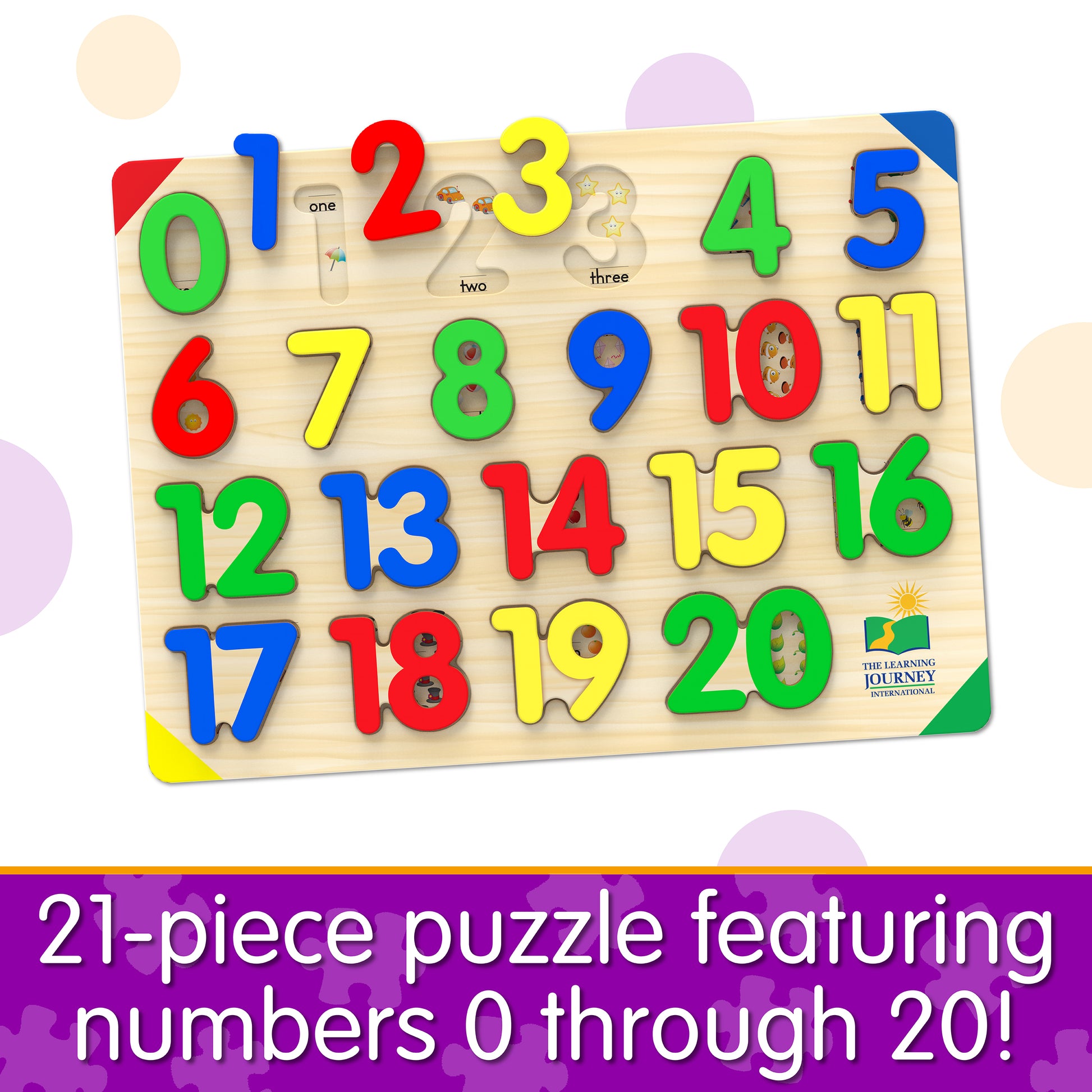 Infographic of Lift and Learn 123 Puzzle that reads, "21-piece puzzle featuring numbers 0 through 20!" 
