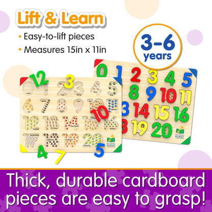 Infographic of Lift and Learn 123 Puzzle features that reads, "Thick, durable cardboard pieces are easy to grasp!"