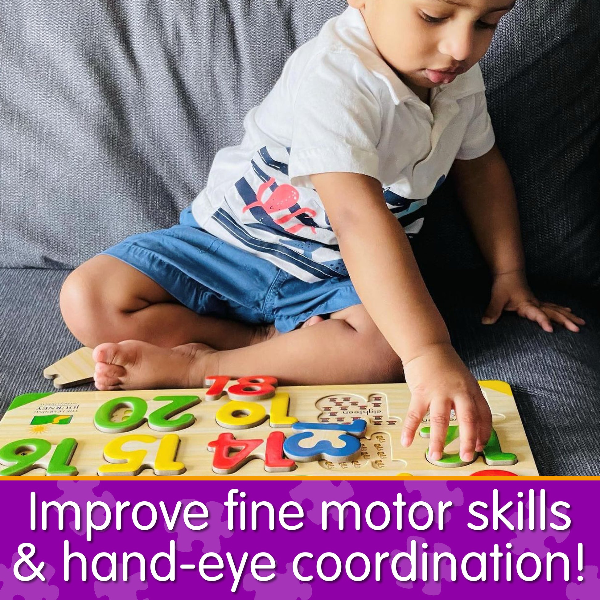 Infographic of young boy playing with Lift and Learn 123 Puzzle that reads "Improve fine motor skills and hand-eye coordination!"