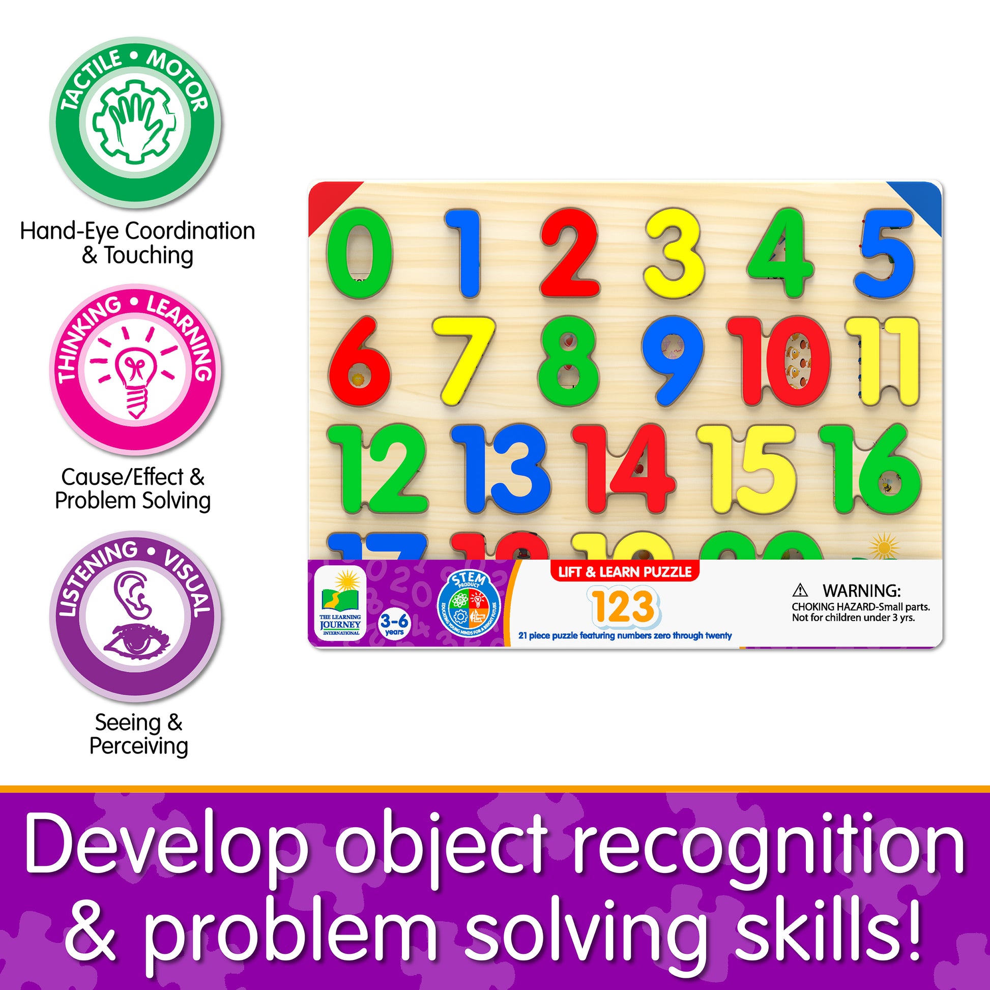 Infographic of Lift and Learn 123 Puzzle's educational benefits that reads, "Develop object recognition and problem solving skills!"