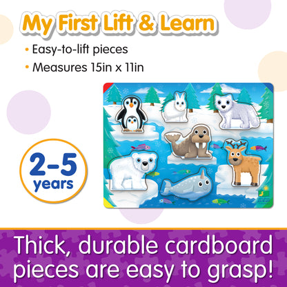 Infographic about My First Lift and Learn Arctic Puzzle's features that says, "Thick, durable cardboard pieces are easy to grasp!"