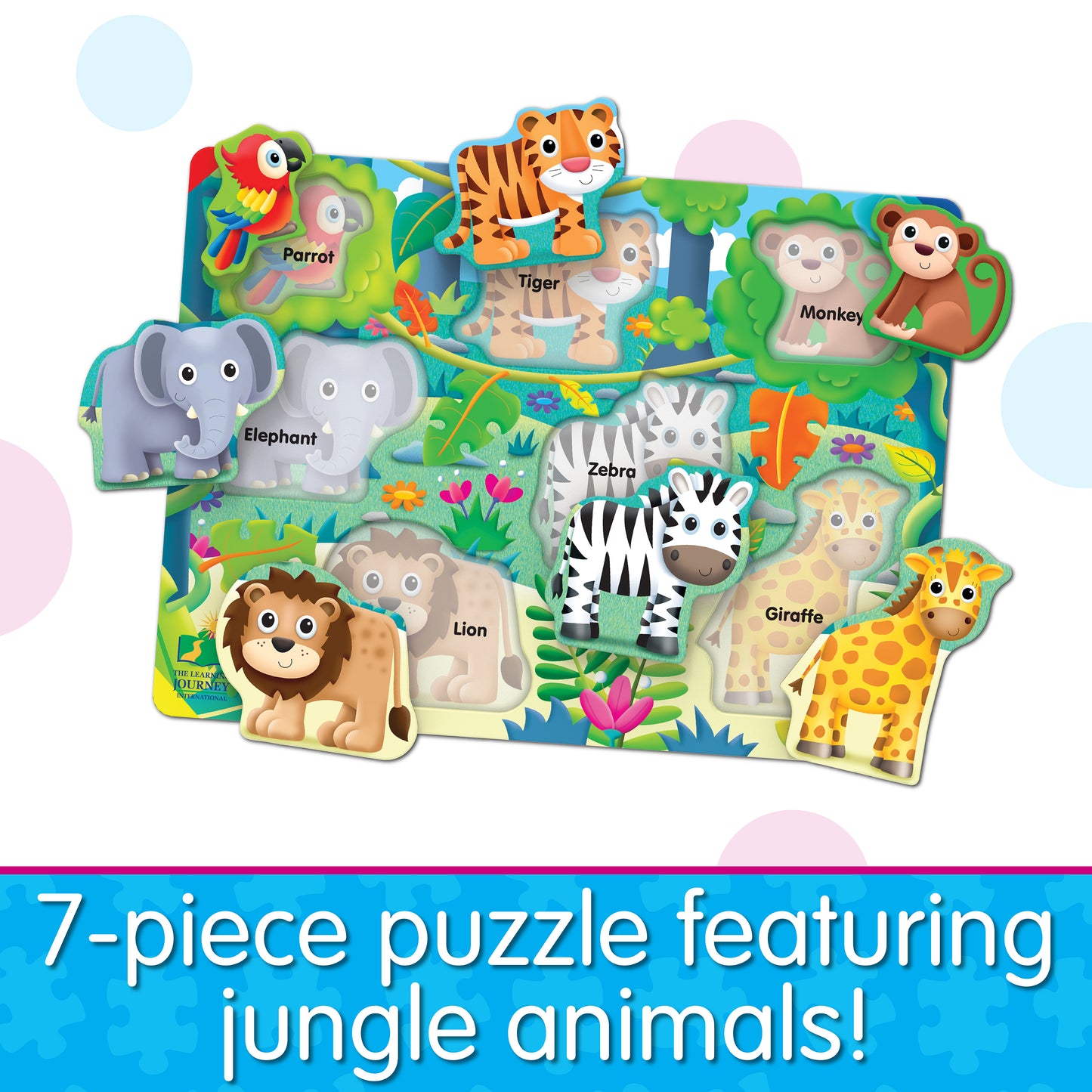 Infographic about My First Lift and Learn Jungle Puzzle that says, "7-piece puzzle featuring jungle animals!"