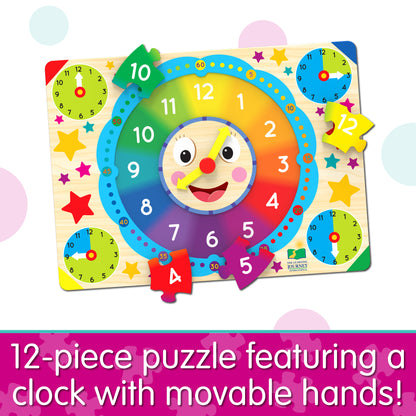 Infographic of Lift and Learn Clock Puzzle that reads, "12-piece puzzle featuring a clock with movable hands!"