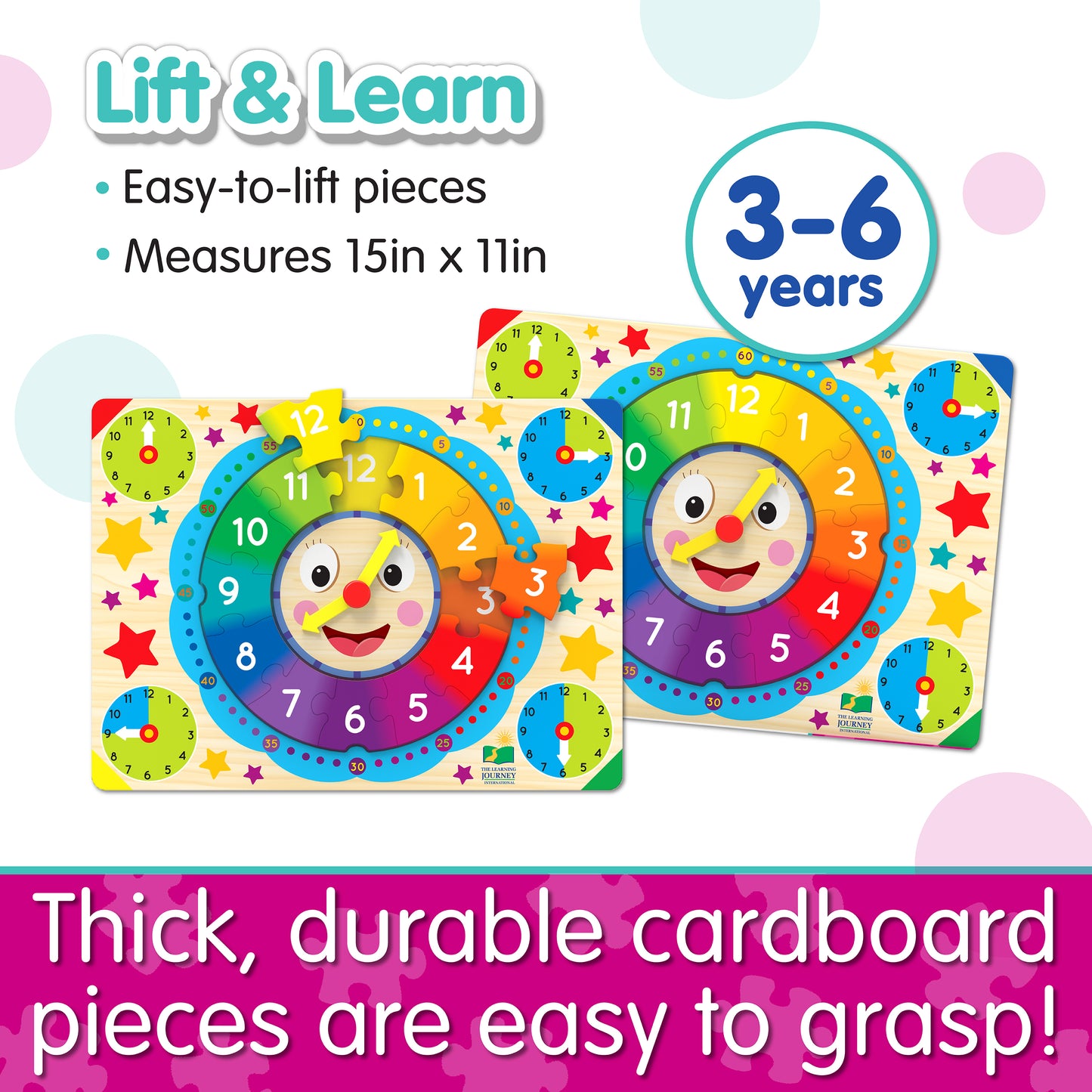 Infographic of Lift and Learn Clock Puzzle's features that reads, "Thick, durable cardboard pieces are easy to grasp!"