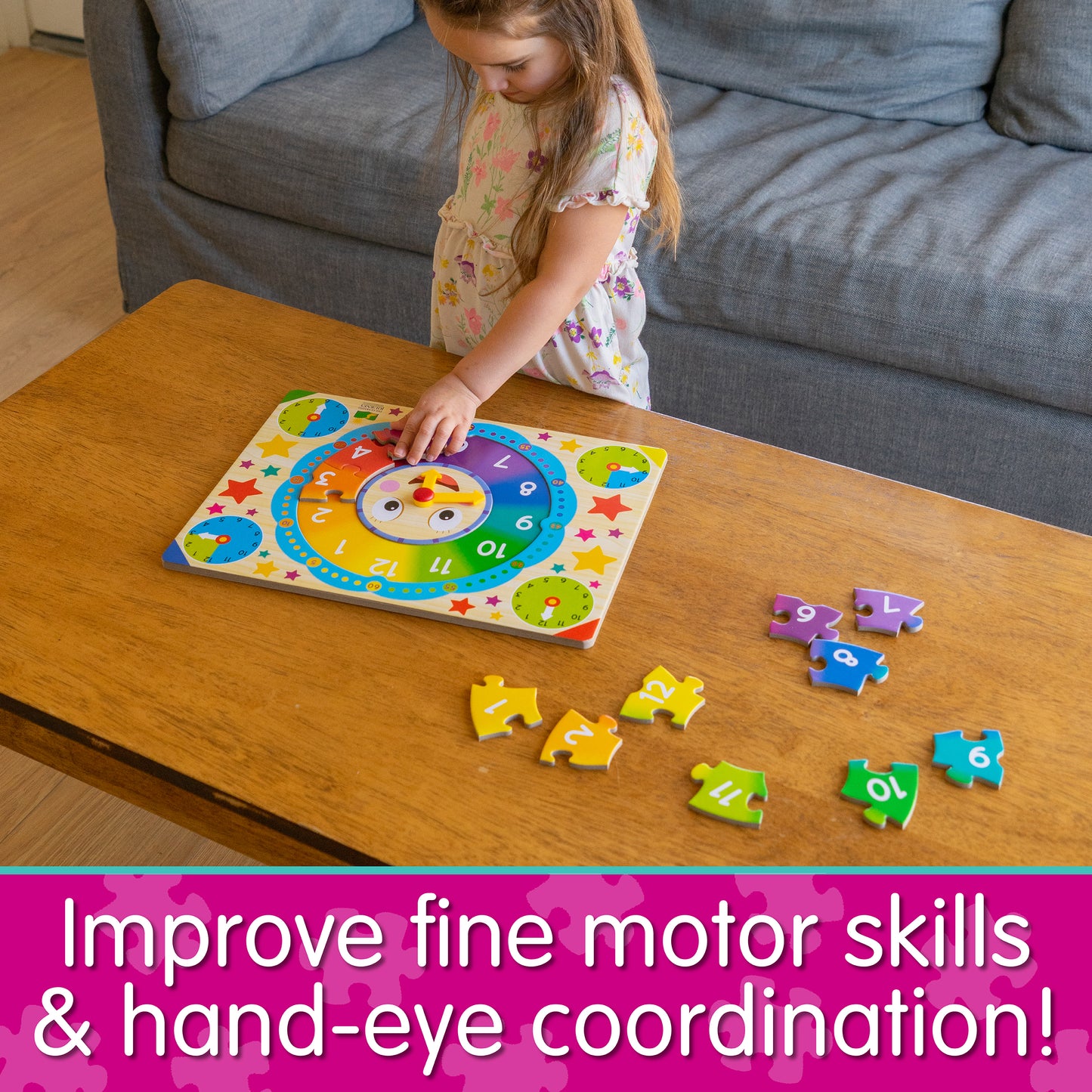 Infographic of young girl playing with Lift and Learn Clock Puzzle that reads, "Improve fine motor skills and hand-eye coordination!"