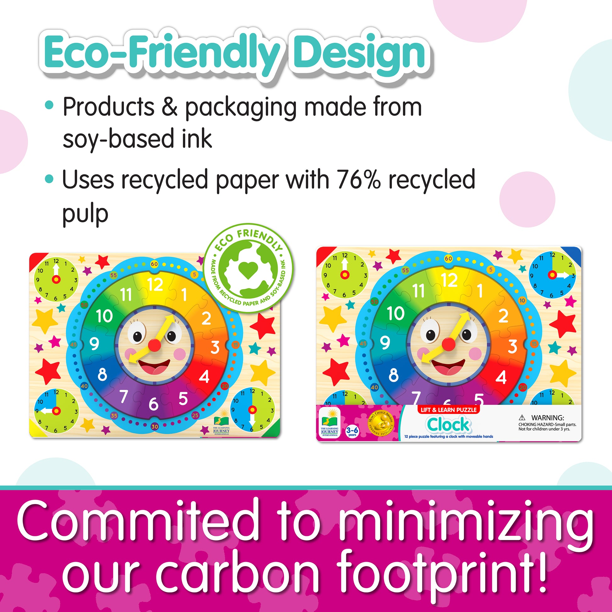 Infographic of Lift and Learn Clock Puzzle's eco-friendly design that reads, "Committed to minimizing our carbon footprint!"