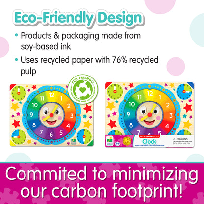 Infographic of Lift and Learn Clock Puzzle's eco-friendly design that reads, "Committed to minimizing our carbon footprint!"