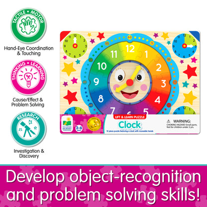 Infographic of Lift and Learn Clock Puzzle's educational benefits that reads, "Develop object-recognition and problem solving skills!"