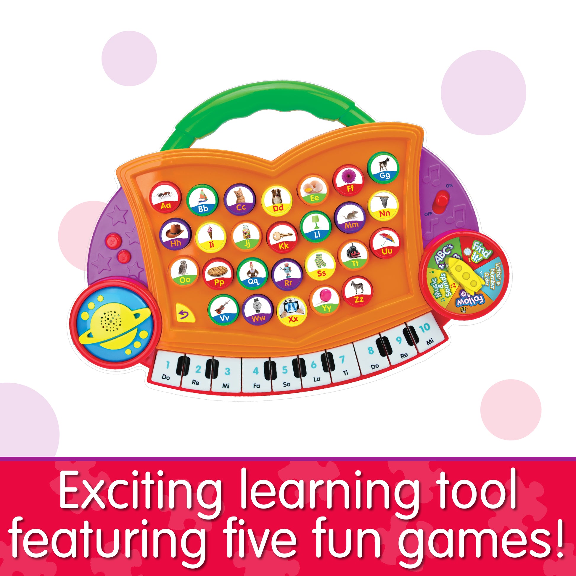 Infographic of ABC Melody Maker that reads "Exciting learning tool featuring five fun games!"