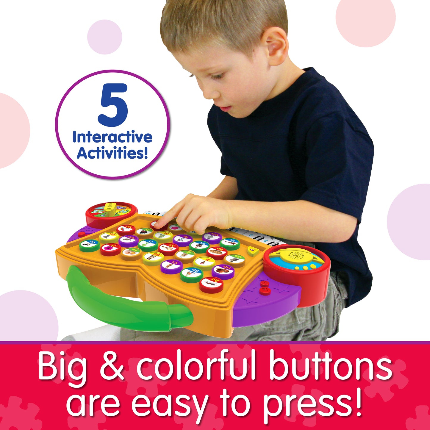 Infographic of young boy with ABC Melody Maker that reads "Big & Colorful buttons are easy to press!"