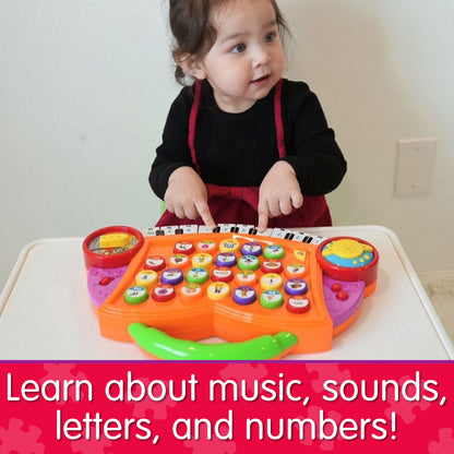 Infographic of young girl and ABC Melody Maker that reads "Learn about music, sounds, letters, and numbers!"