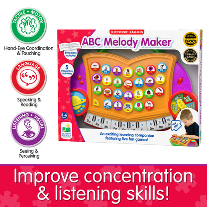 Infographic of ABC Melody Maker's educational benefits that reads "Improve concentration & listening skills!"