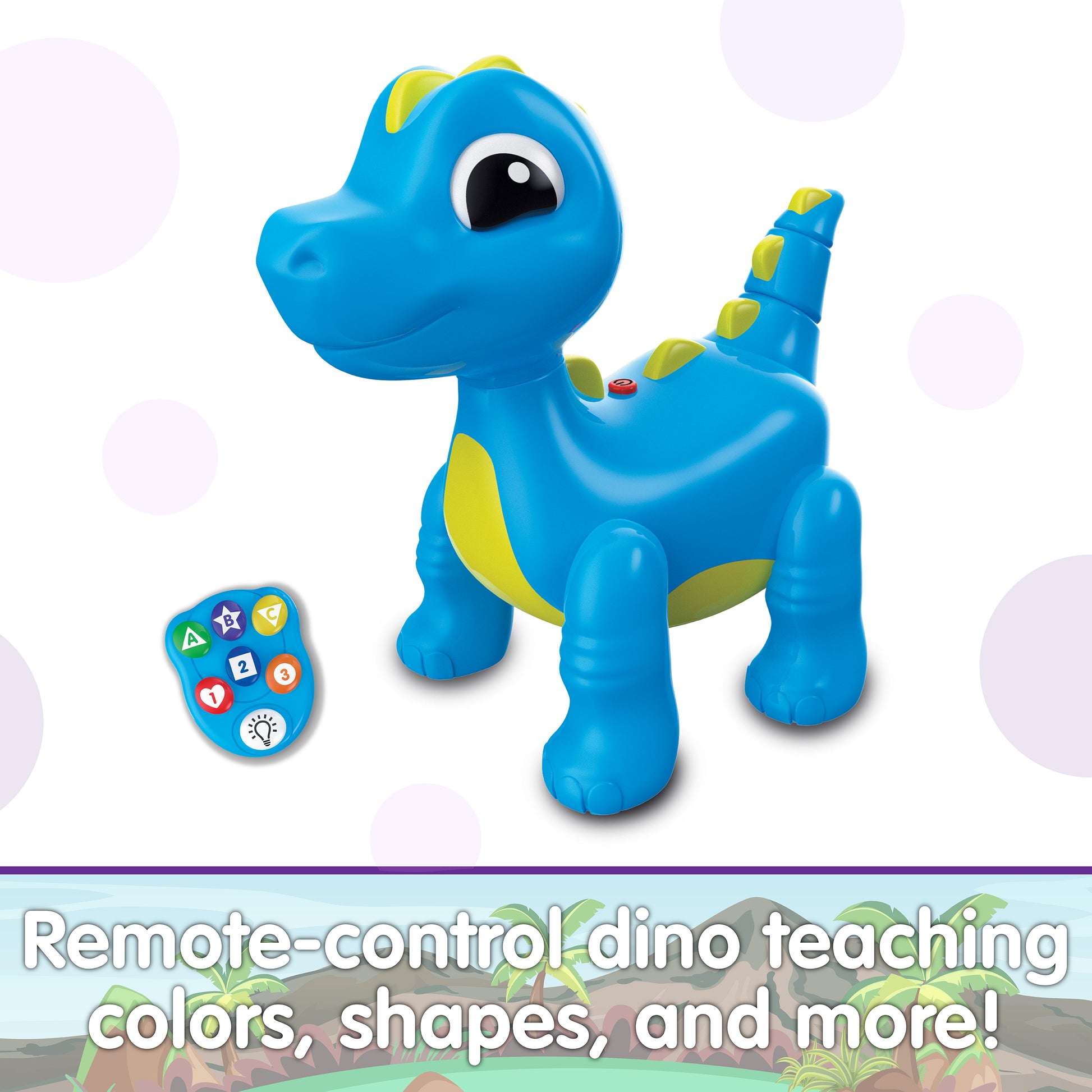 Infographic about Dancing Dino that says, "Remote control dino teaching colors, shapes, and more!"