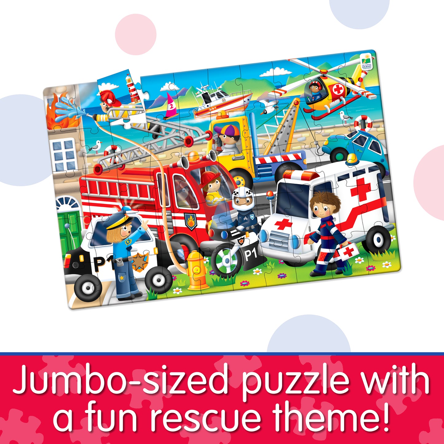 Infographic of Jumbo Floor Puzzle - Emergency Rescue that reads, "Jumbo-sized puzzle with a fun rescue theme!"