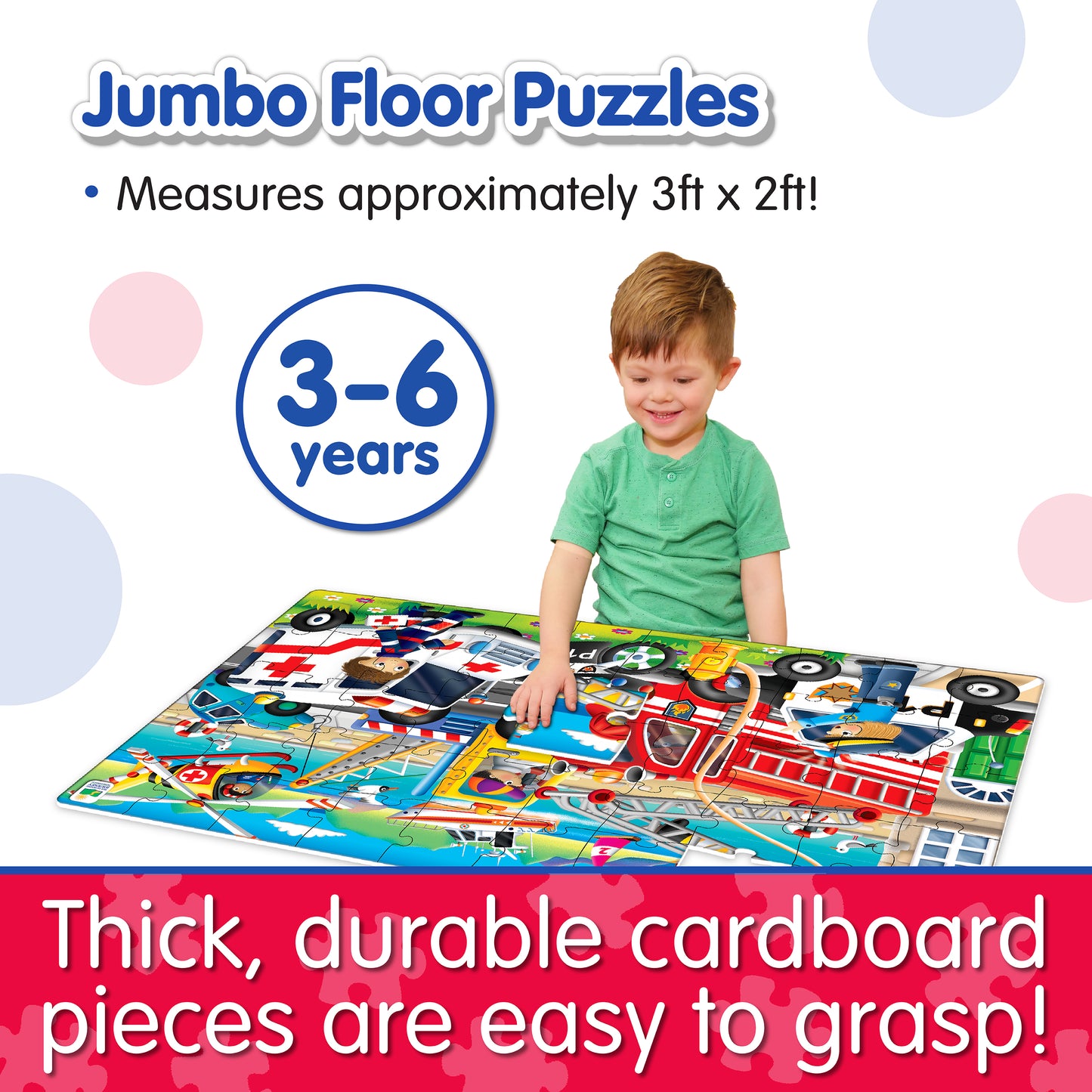Infographic of young boy playing with Jumbo Floor Puzzle - Emergency Rescue that reads, "Thick, durable cardboard pieces are easy to grasp!"