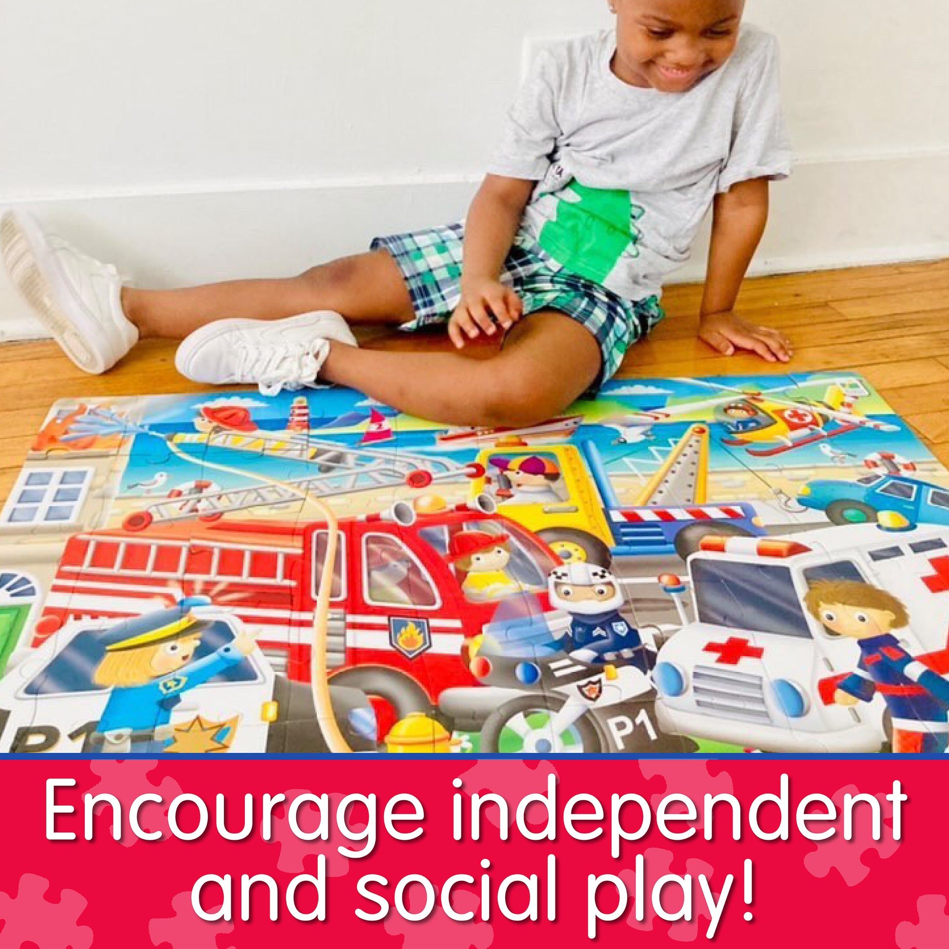 Infographic of young boy playing with Jumbo Floor Puzzle - Emergency Rescue that reads, "Encourage independent and social play!"