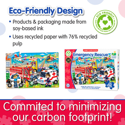 Infographic of Jumbo Floor Puzzle - Emergency Rescue's eco-friendly design that reads, "Committed to minimizing our carbon footprint!"