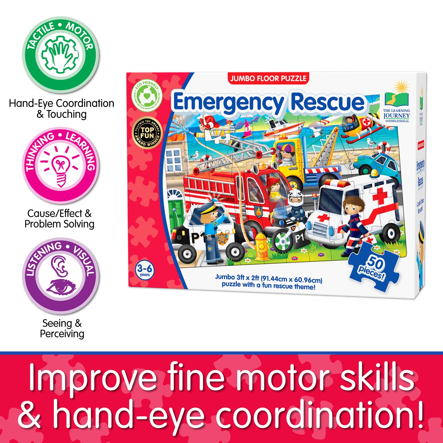 Infographic of Jumbo Floor Puzzle - Emergency Rescue's educational benefits that reads, "Improve fine motor skills and hand-eye coordination!"