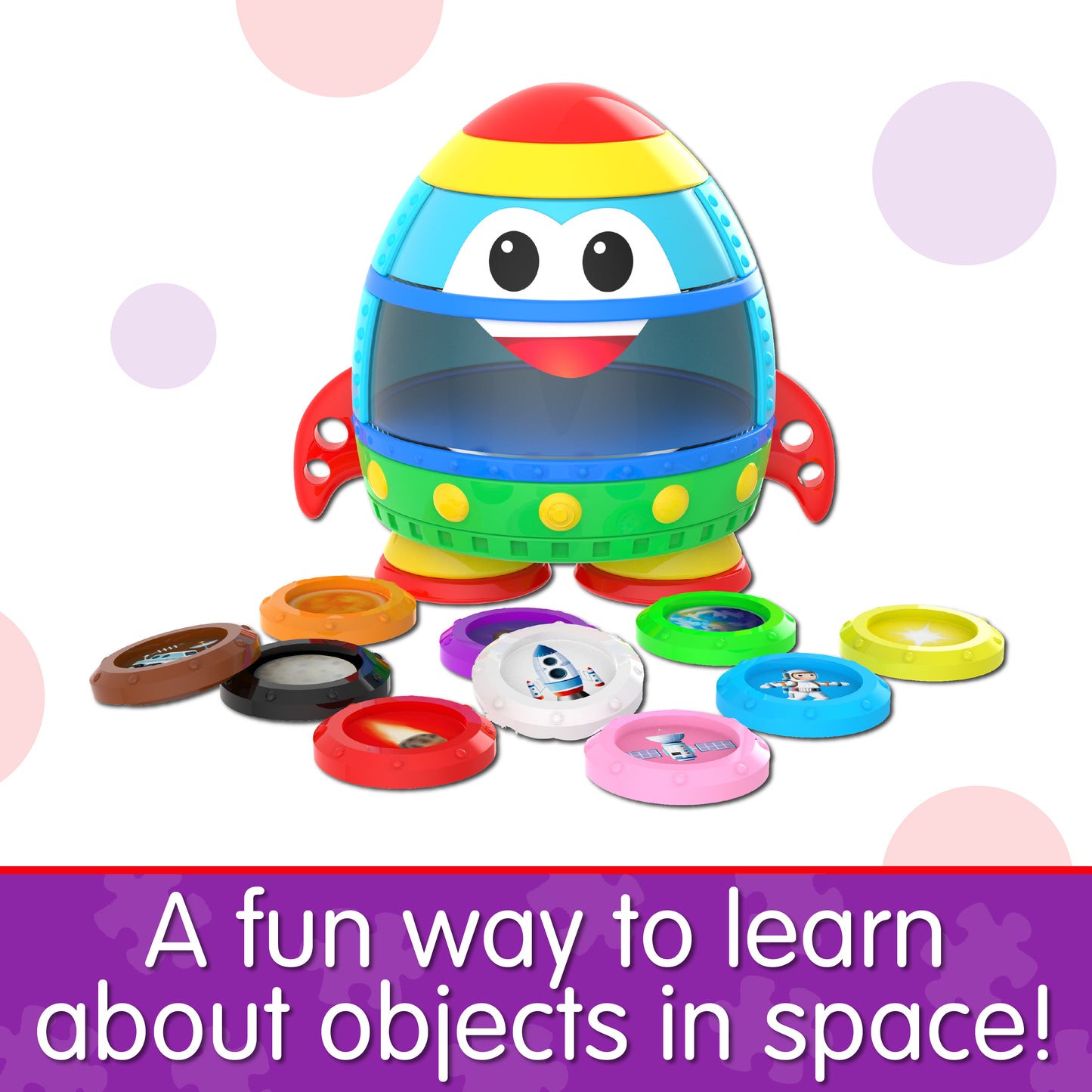 Infographic of Learn With Me Rocket product that reads, "A fun way to learn about objects in space!"