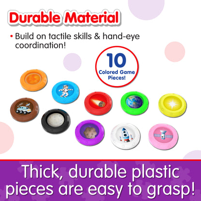 Infographic of Learn With Me Rocket's pieces that reads, "Thick, durable plastic pieces are easy to grasp!"